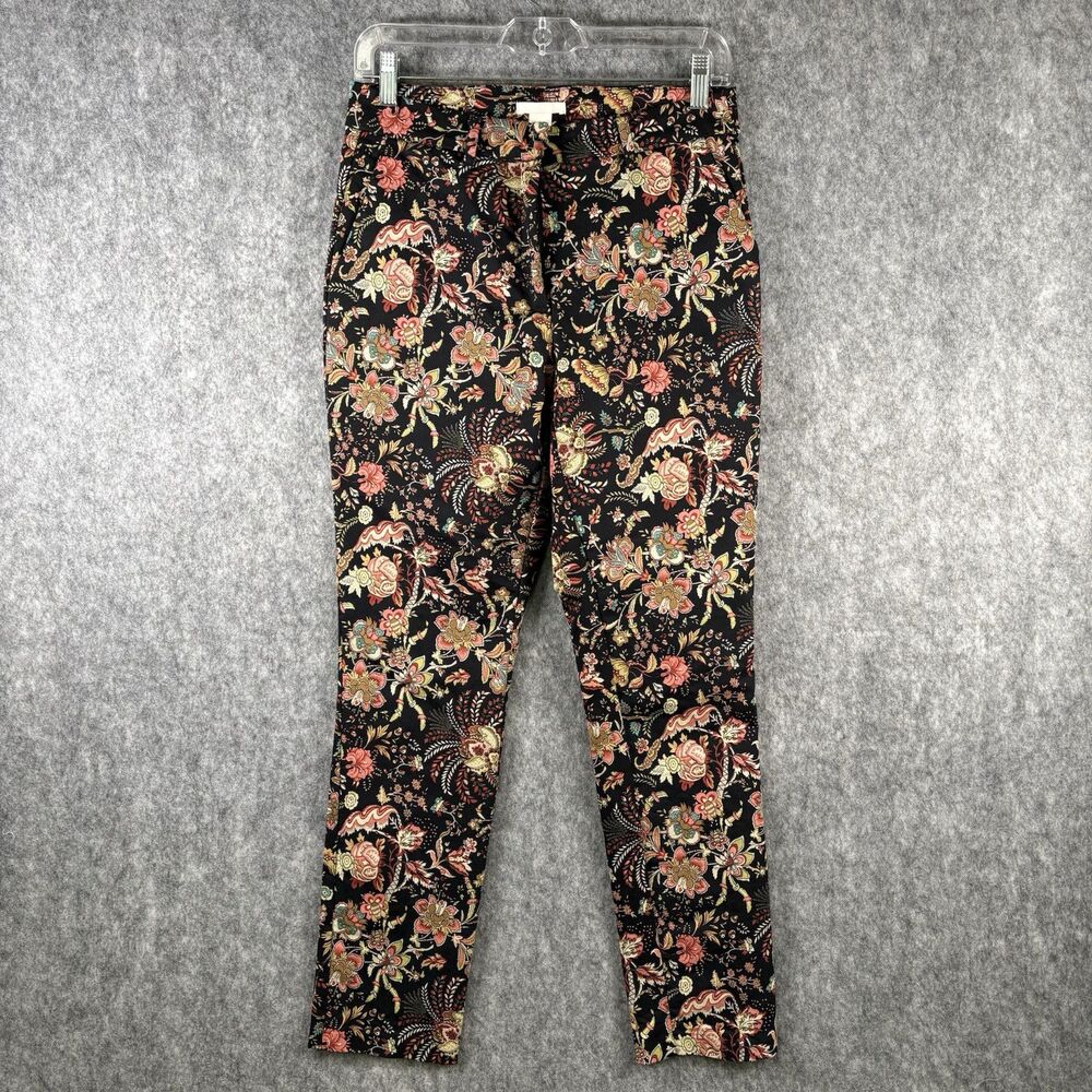 H&M Womens 8 Black Floral Flat Front Chinos Stretch Pants Trousers Slim Leg